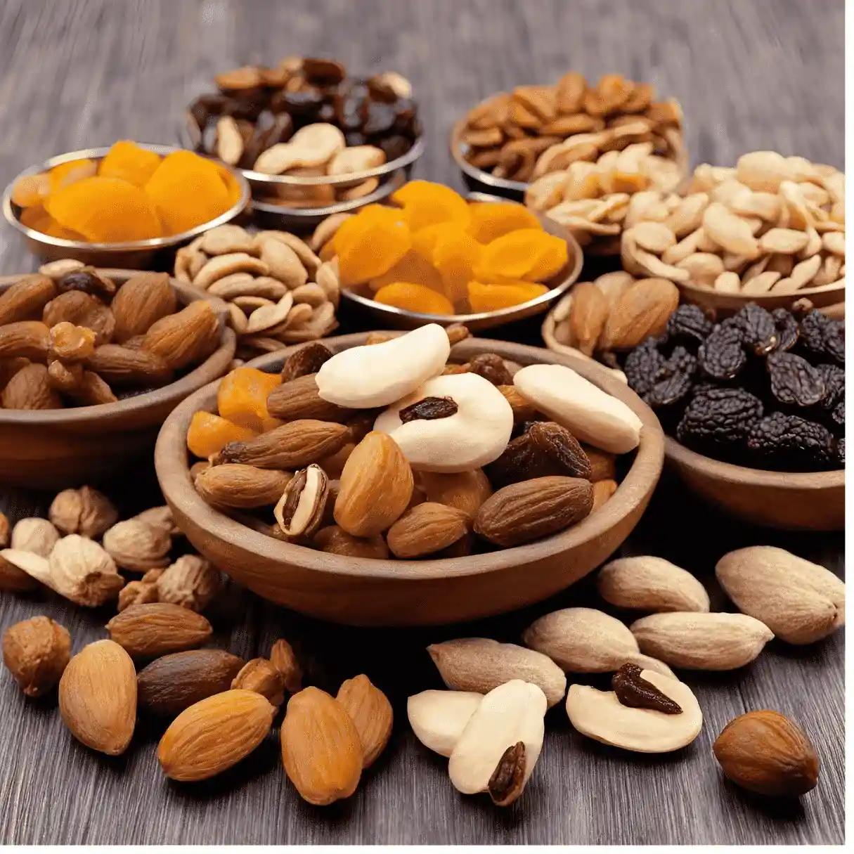 An enticing assortment of organic dry fruits, including crunchy almonds, creamy cashews, and rich walnuts, artfully displayed in a rustic bowl.